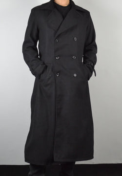 Men's Long Black Double-Breasted Geniune Wool Belted Trench Coat