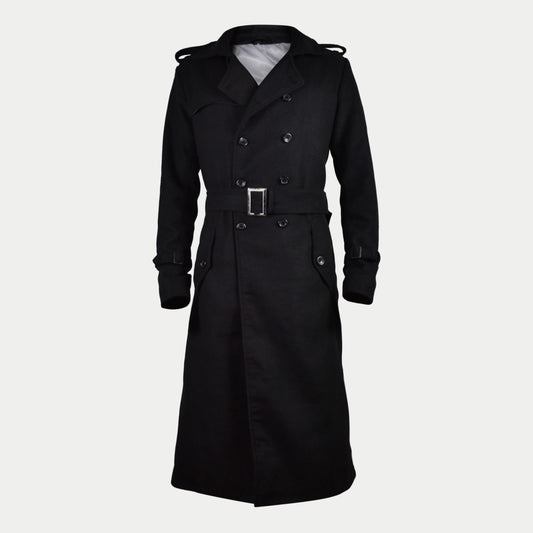 Men's Black Long Double-Breasted Belted Real Wool Coat