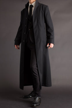 Men's Long Designer Stand-Up Collar Black Belted Geniune Wool Trench Coat