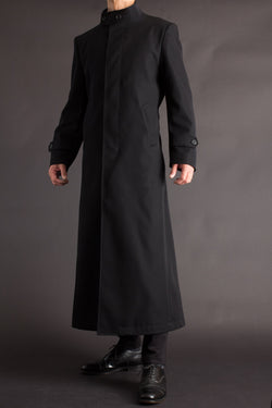 Men's Black Long Snap Button Geniune Wool Trench Belted Coat
