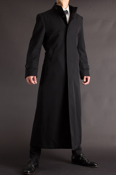 Men's Black Long Snap Button Geniune Wool Trench Belted Coat