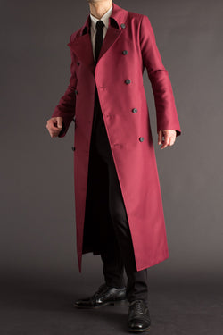 Men's Long Buttoned Cuffs Red Belted Geniune Wool Trench Coat