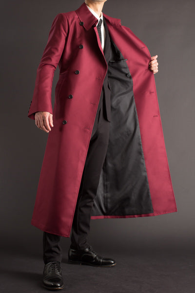 Men's Long Buttoned Cuffs Red Belted Geniune Wool Trench Coat