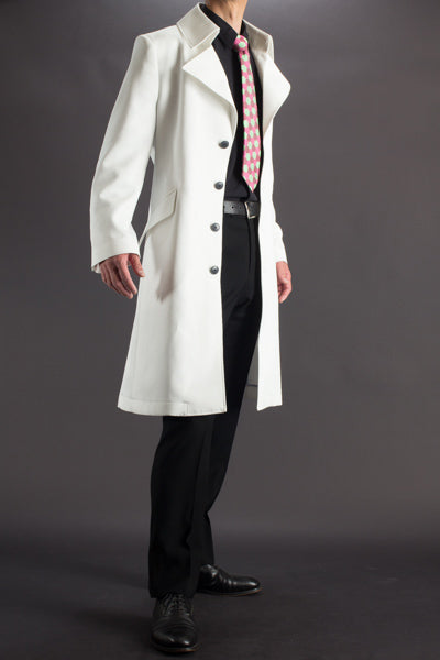 Men's White Half-Belted Back Mid-Length Geniune Wool Trench Coat