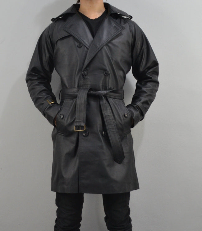Men's Black Mid-Length Belted Geniune Sheepskin Leather Coat