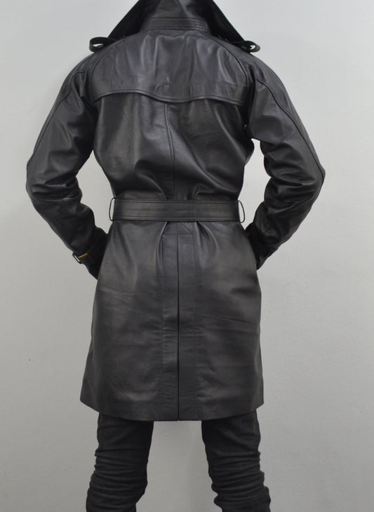 Men's Black Double-Breasted Mid-Length Belted Genuine Leather Coat