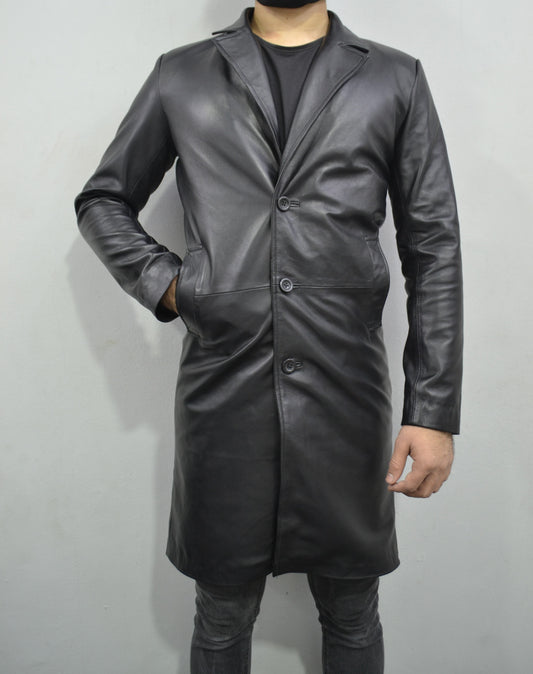 Men's black Mid-Length Geniune Lambskin Leather Trench Coat