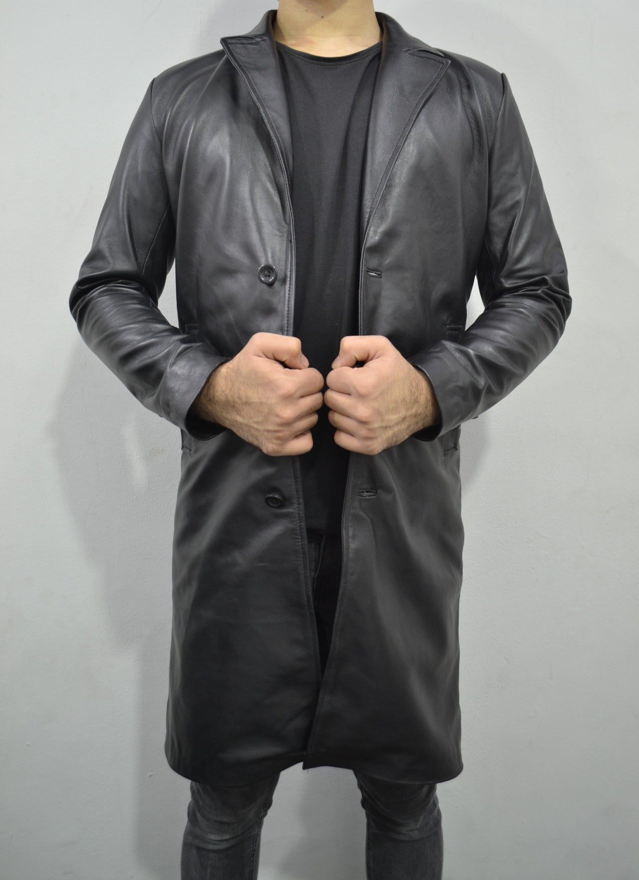 Men's black Mid-Length Geniune Lambskin Leather Trench Coat