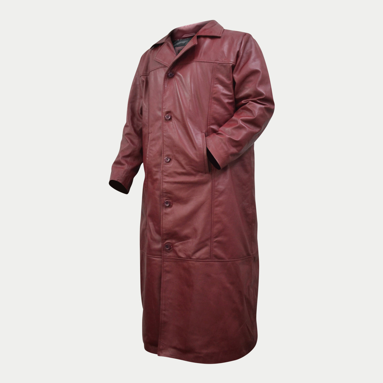 Men's Maroon Long Genuine Leather Casual Trench Coat