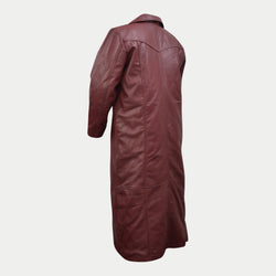 Men's Maroon Long Genuine Leather Casual Trench Coat