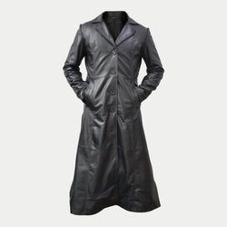 Men's Designer Long Black Genuine Sheepskin Leather Trench Coat