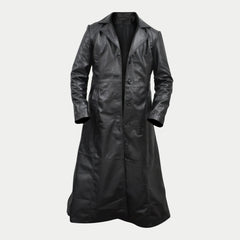 Men's Designer Long Black Genuine Sheepskin Leather Trench Coat