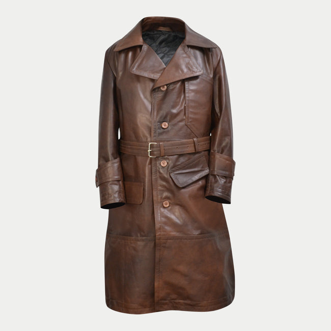 World War 1 R.F.C. Genuine Leather Flying Trench Belted Waxed Coat