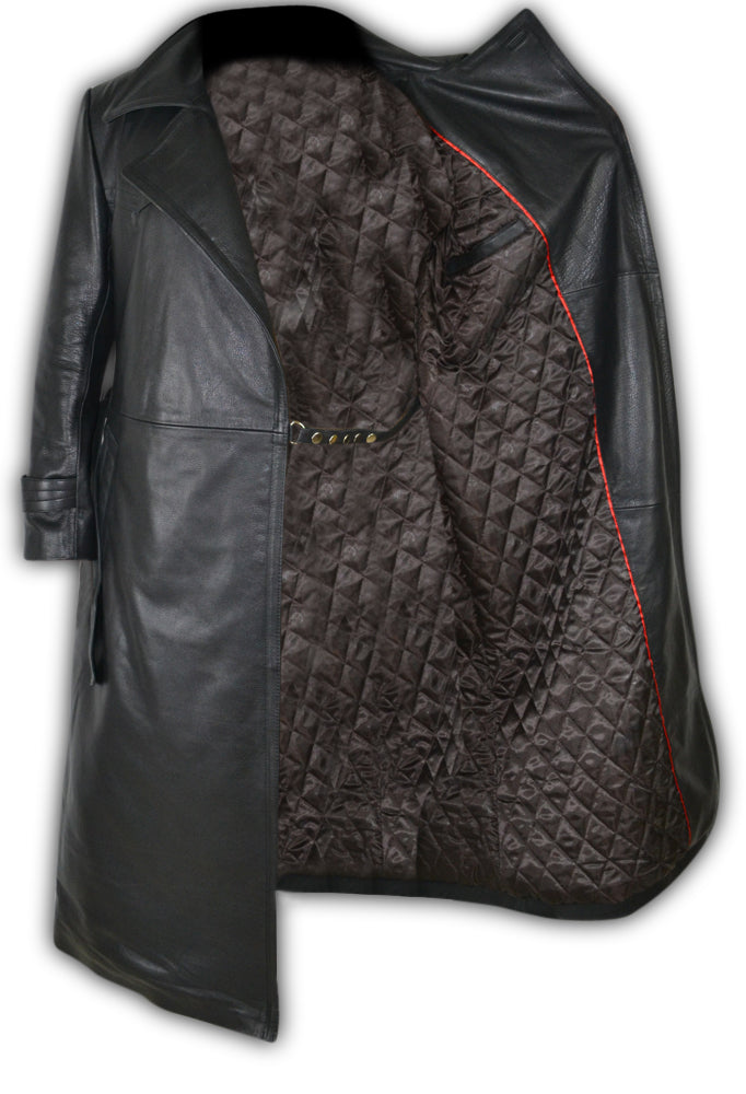 A black leather trench coat with an open front, showcasing a dark brown quilted interior lining with a thin red piping accent.