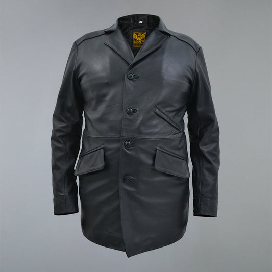 Men's Three Quarter Mid-Lenth Black Designer Genuine Leather Coat