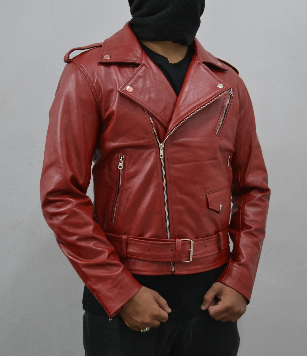Men's Maroon Motorcycle Genuine Lambskin Leather Slim-Fit Biker Jacket