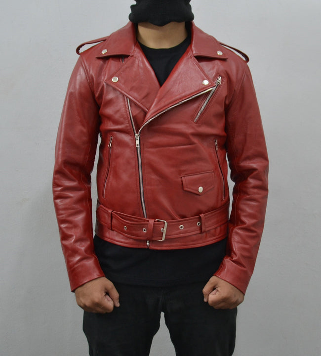 Men's Maroon Motorcycle Genuine Lambskin Leather Slim-Fit Biker Jacket