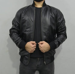 Men's Baseball Letterman Varsity Genuine Leather Black Bomber Jacket