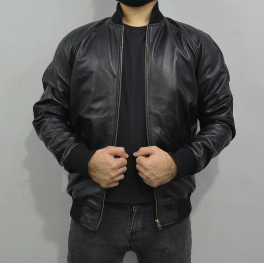 Men's Black Pilot Bomber Aviator Geniune Sheepskin Leather Jacket