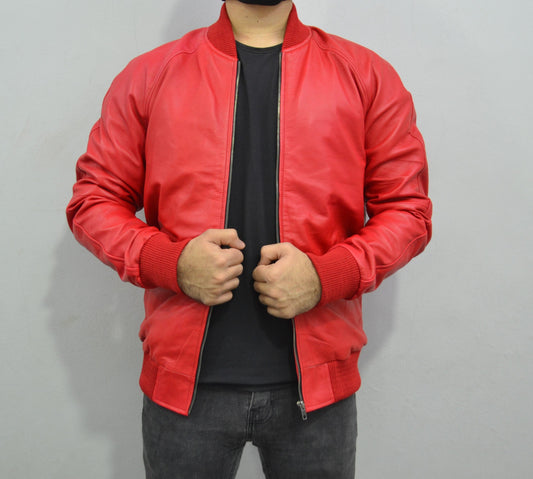 Men's Baseball Letterman Varsity Genuine Leather Red Bomber Jacket