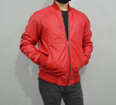 Men's Baseball Letterman Varsity Genuine Leather Red Bomber Jacket