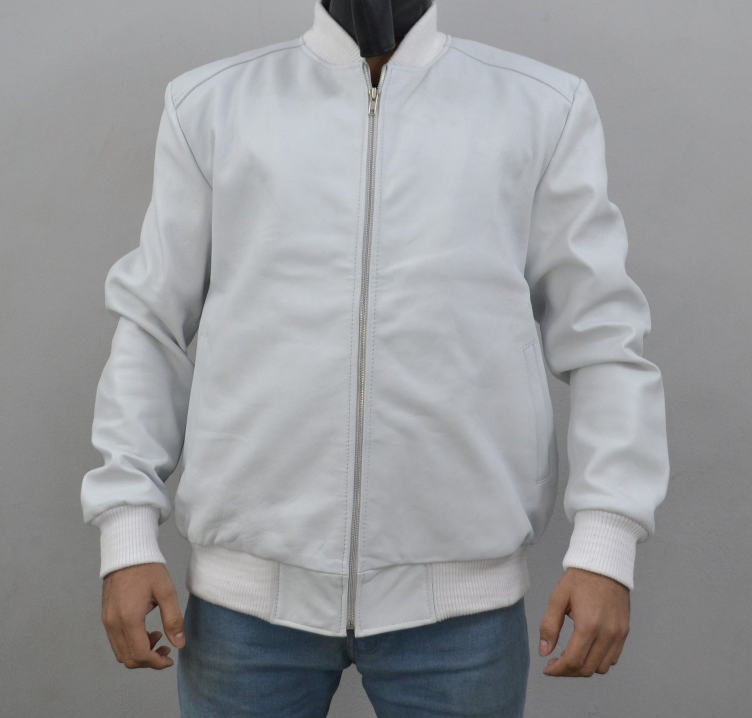 Men's Baseball Letterman Varsity Genuine Leather White Bomber