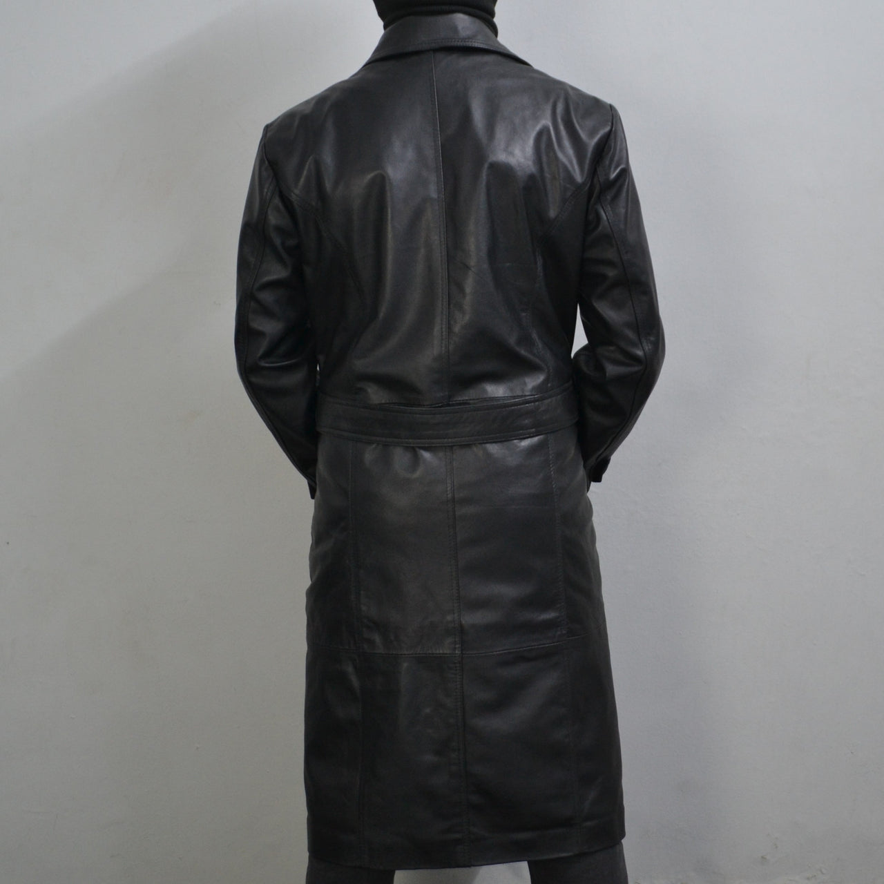 Men's Black Genuine Leather Mid-Length Belted Trench Coat