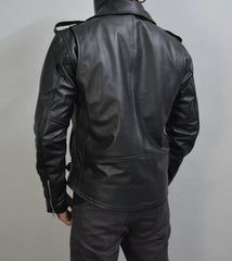 Men's Black Motorcycle Genuine Leather Slim-Fit Half-Belted Biker Jacket