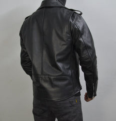 Men's Black Motorcycle Genuine Leather Slim-Fit Half-Belted Biker Jacket