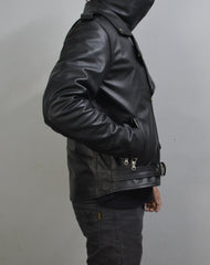 Men's Black Motorcycle Genuine Leather Slim-Fit Half-Belted Biker Jacket