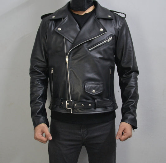 Men's Black Motorcycle Genuine Lambskin Leather Slim-Fit Half-Belted Biker Jacket