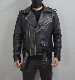 Men's Black Motorcycle Genuine Lambskin Leather Slim-Fit Half-Belted Biker Jacket
