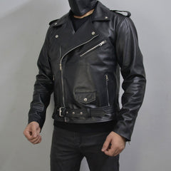 Men's Black Motorcycle Genuine Leather Slim-Fit Half-Belted Biker Jacket