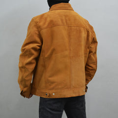 Men's Casual Classic Denim Trucker Genuine Suede Leather Jacket