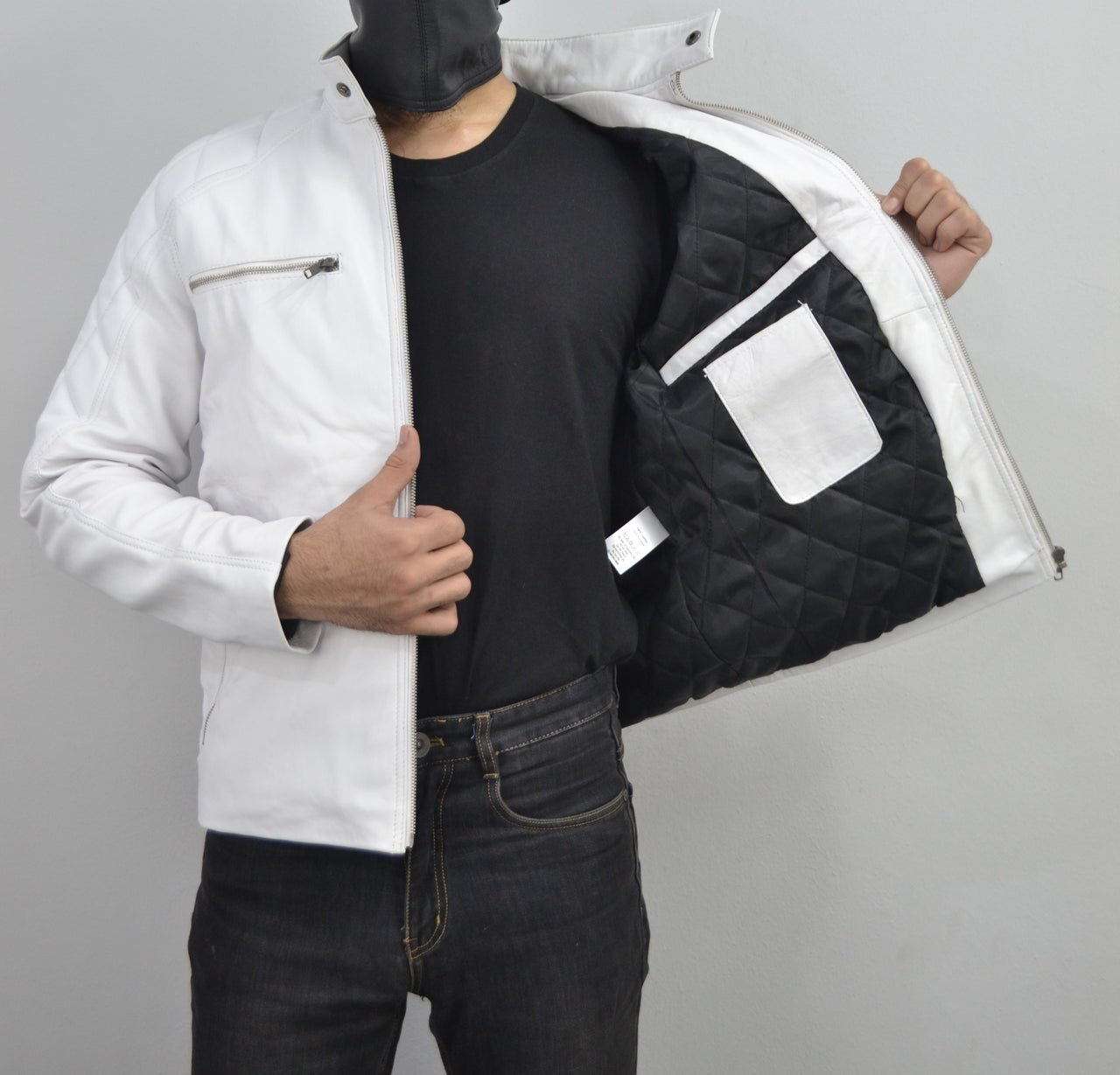 White Designer Mens Quilted Motorcycle Biker Leather Jacket