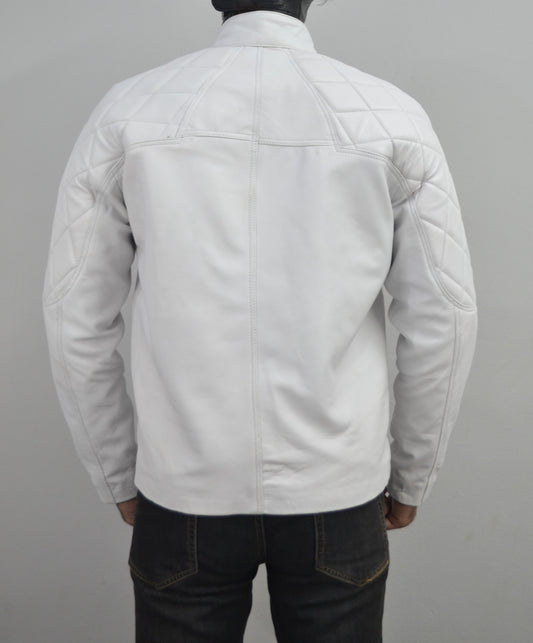 White Designer Mens Quilted Motorcycle Biker Leather Jacket
