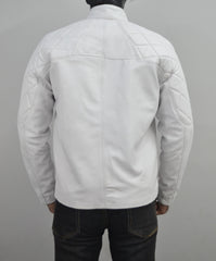 White Designer Mens Quilted Motorcycle Biker Leather Jacket