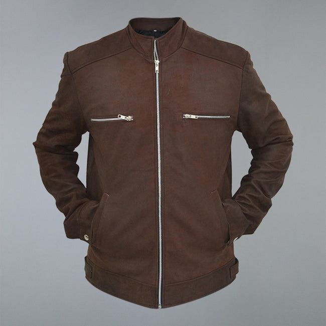 Men's Brown Real Sheepskin Cafe Racer Biker Leather Jacket