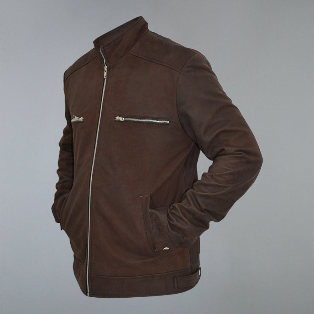Men's Brown Suede Real Sheepskin Cafe Racer Zip Up Leather Jacket