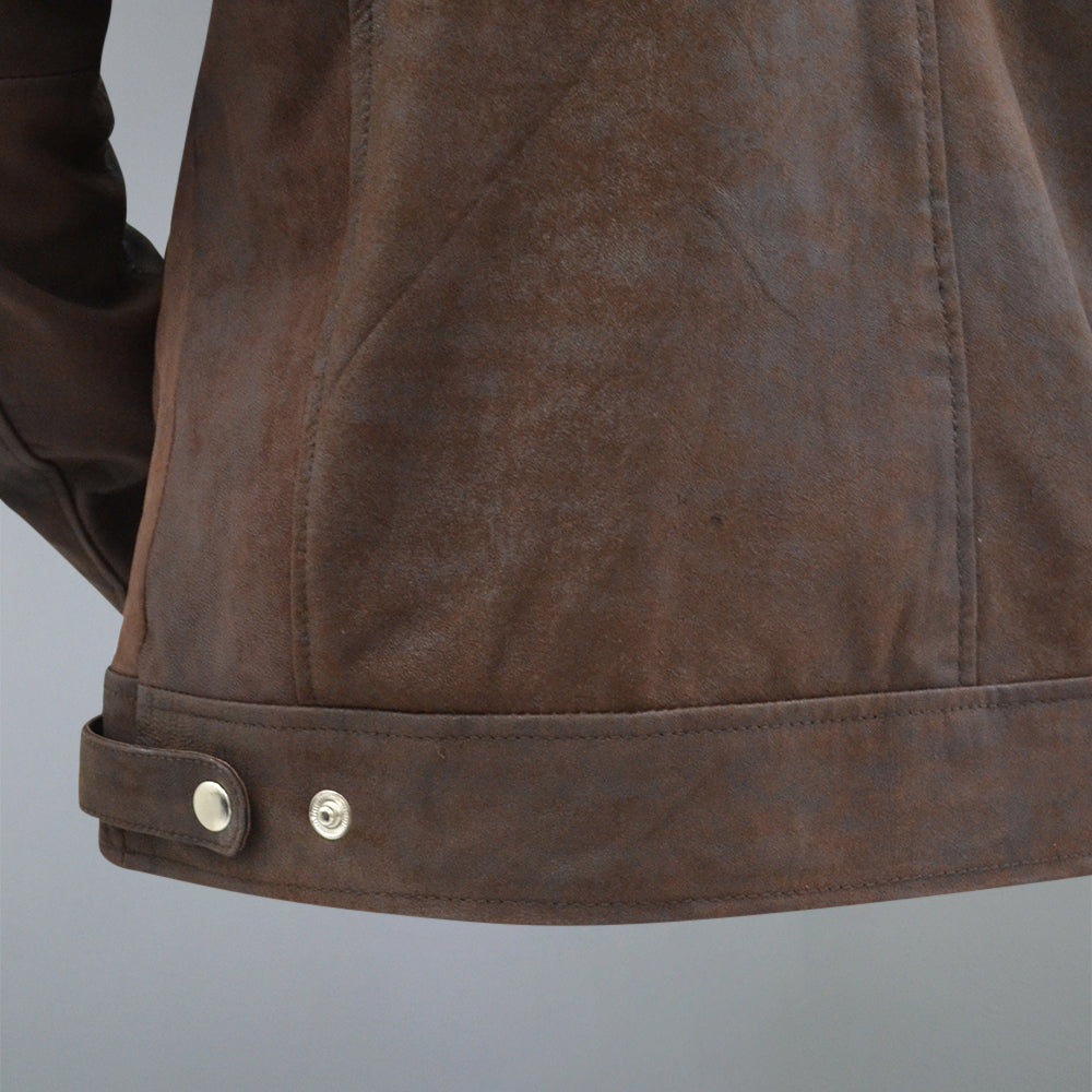 Men's Brown Suede Real Sheepskin Cafe Racer Zip Up Leather Jacket