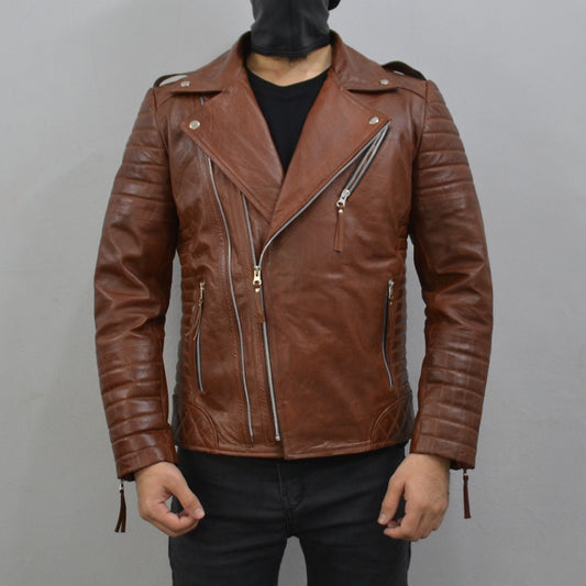 Men's Brando Antique Brown Motorcycle Genuine Leather Biker Jacket