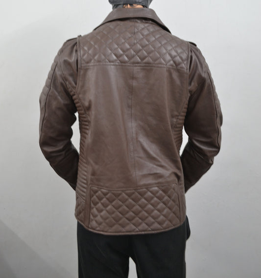 Men's Brando Dark Brown Motorcycle Quilted Genuine Leather Biker Jacket