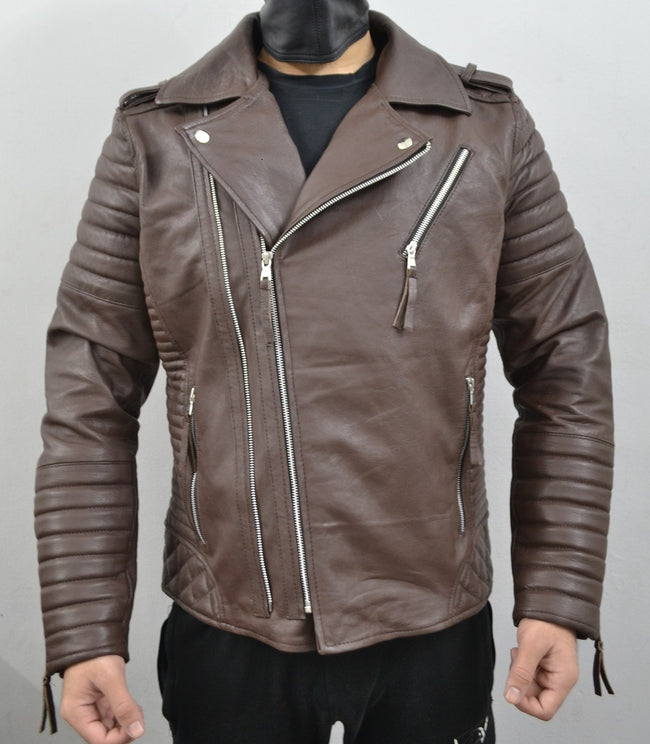 Men's Brando Dark Brown Motorcycle Quilted Geniune Leather Biker Jacket