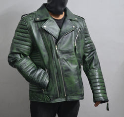 Men's Brando Camo Green Motorcycle Geniune Leather Biker Jacket