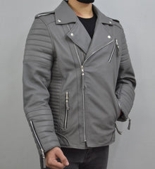 Men's Brando Grey Motorcycle Genuine Lambskin Leather Biker Jacket