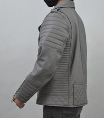 Men's Brando Grey Motorcycle Genuine Lambskin Leather Biker Jacket