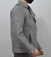 Men's Brando Grey Motorcycle Genuine Lambskin Leather Biker Jacket