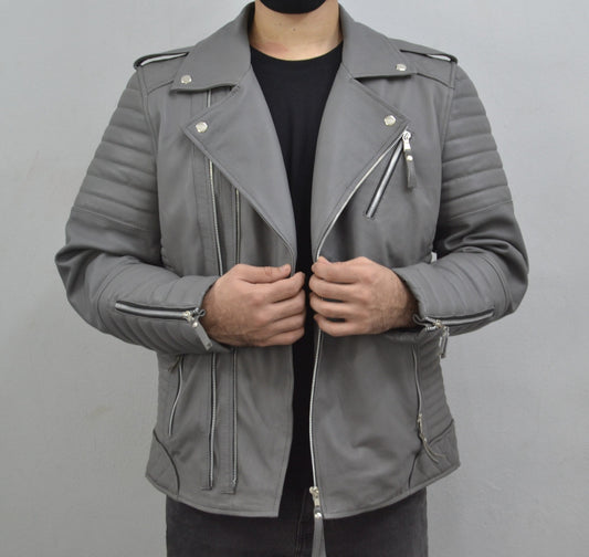 Men's Brando Grey Motorcycle Genuine Lambskin Leather Biker Jacket