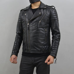 Men's Brando Black Gun Metal Quilted Padded Genuine Leather Biker Jacket