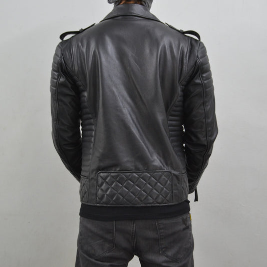 Men's Brando Black Gun Metal Quilted Padded Genuine Leather Biker Jacket